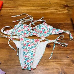 SHEIN Floral Tie Bikini Set in Coral, Teal, White